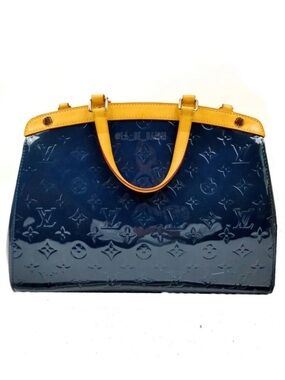 Louis Vuitton Navy Patent Satchel with Yellow-Tan Trim